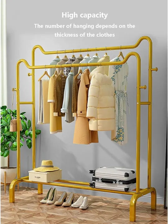 Metal Double Pole Freestanding Clothing Rack With Side and Lower Storage Shelves