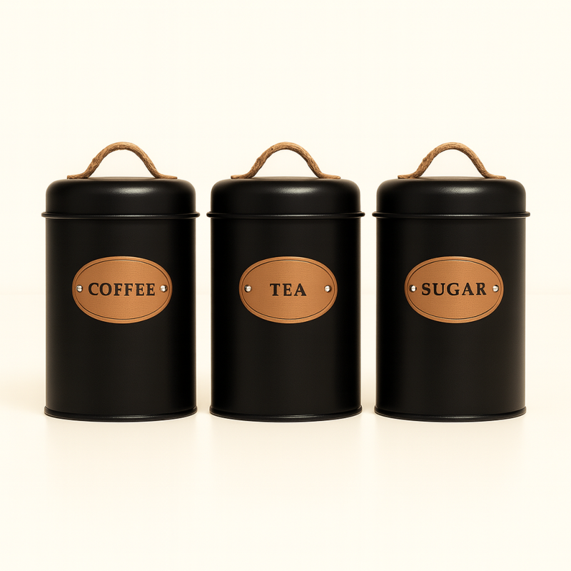 3-Piece Black Metal Kitchen Counter Top Jar Set