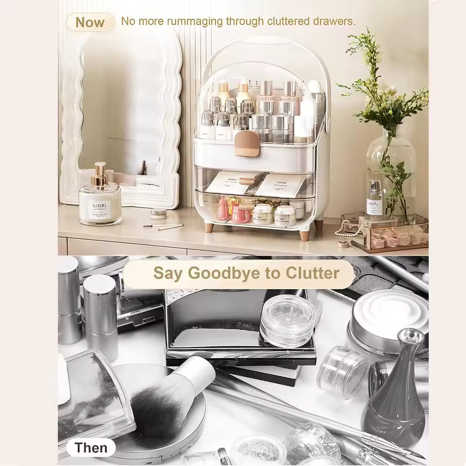 Premium Layered waterproof Cosmetics Organizer Box With  Dustproof Dome And Drawers