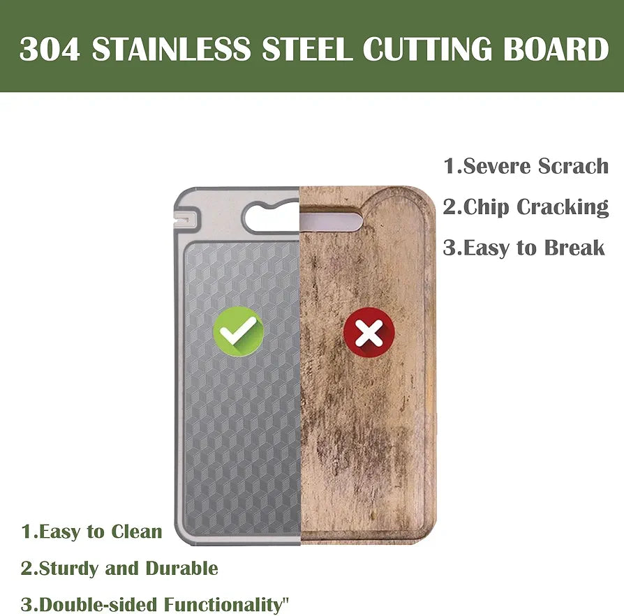 Double Sided Cutting Board for Kitchen, 304 Stainless Steel and Wheat Straw Chopping Board