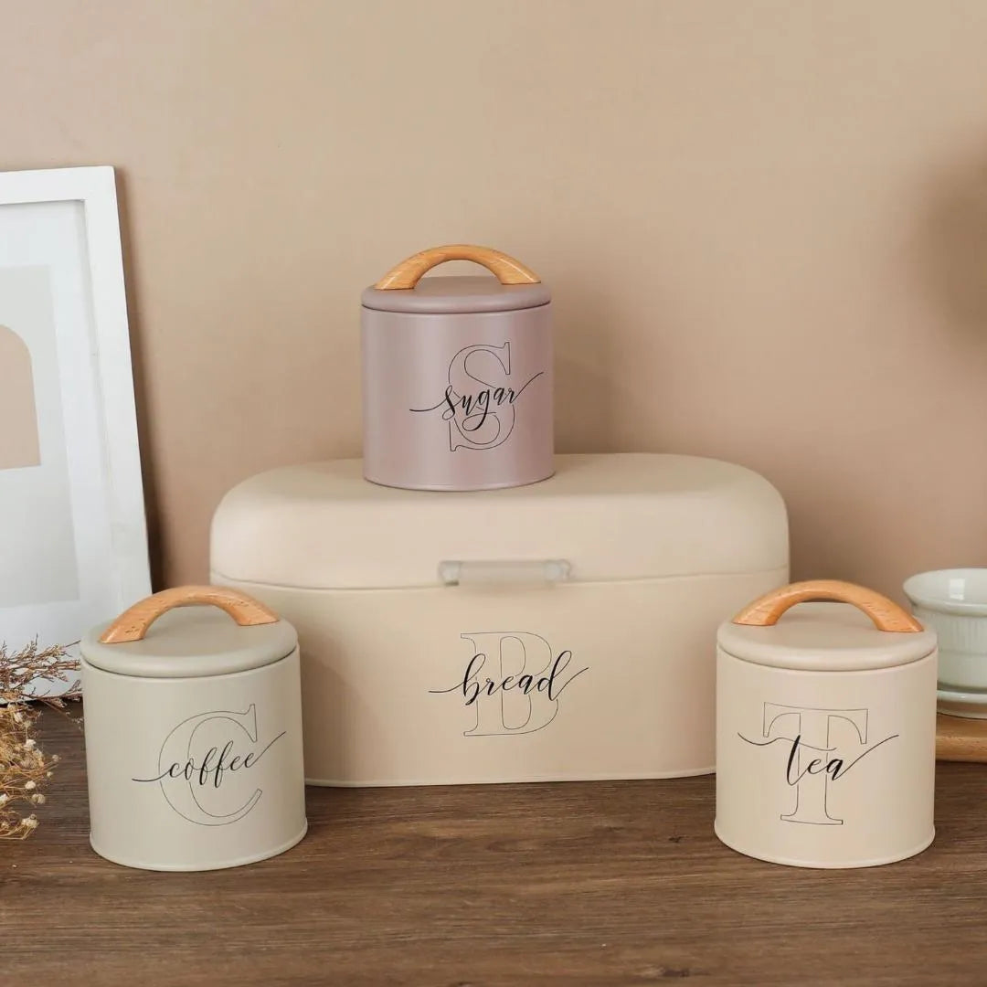Bread Box With Sugar Coffee Tea Canisters Metal Pantry Countertop 4-Pieces Set