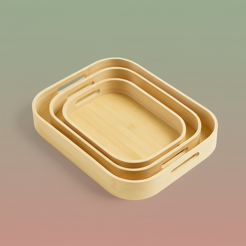 Bamboo Serving Tray With Handle - Set of 3
