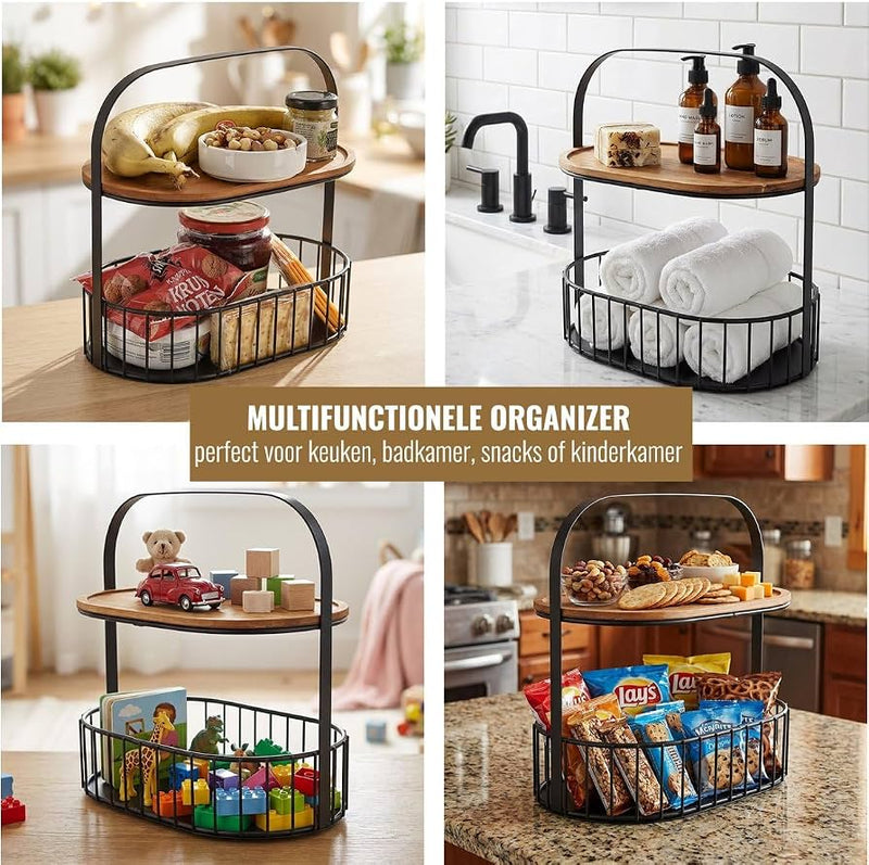 2 Tier Kitchen Storage Basket With Wooden Tray
