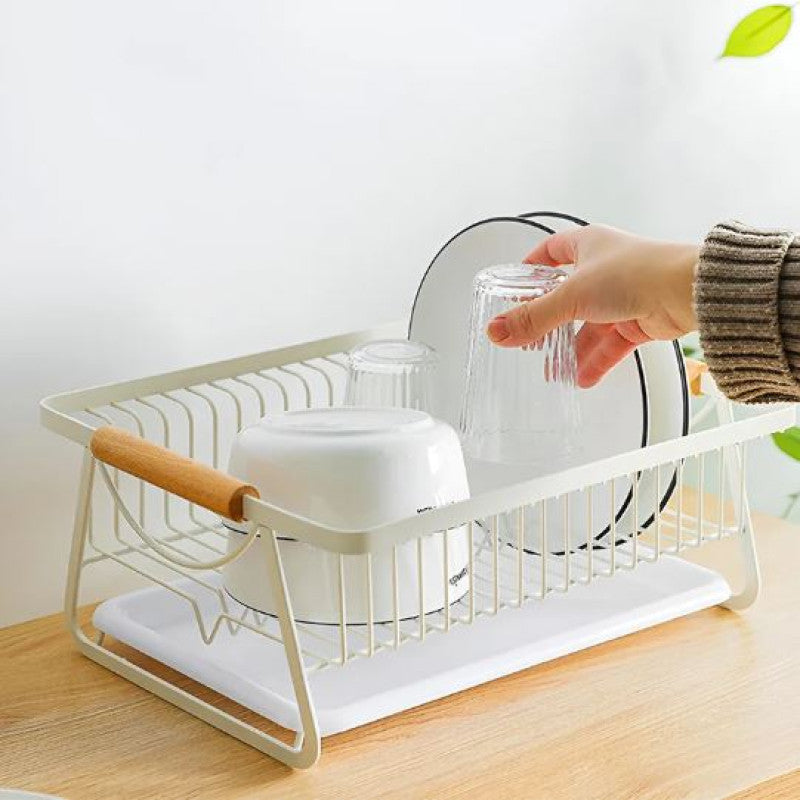 Metal Kitchen Dish Drying Rack With Wooden Handle