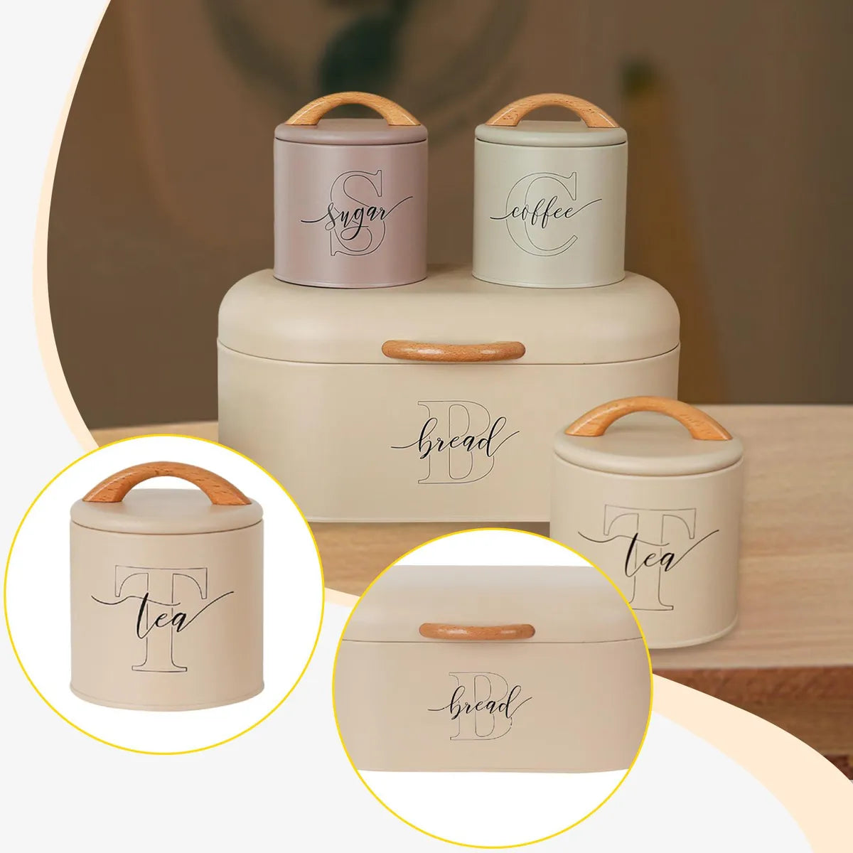 Bread Box With Sugar Coffee Tea Canisters Metal Pantry Countertop 4-Pieces Set