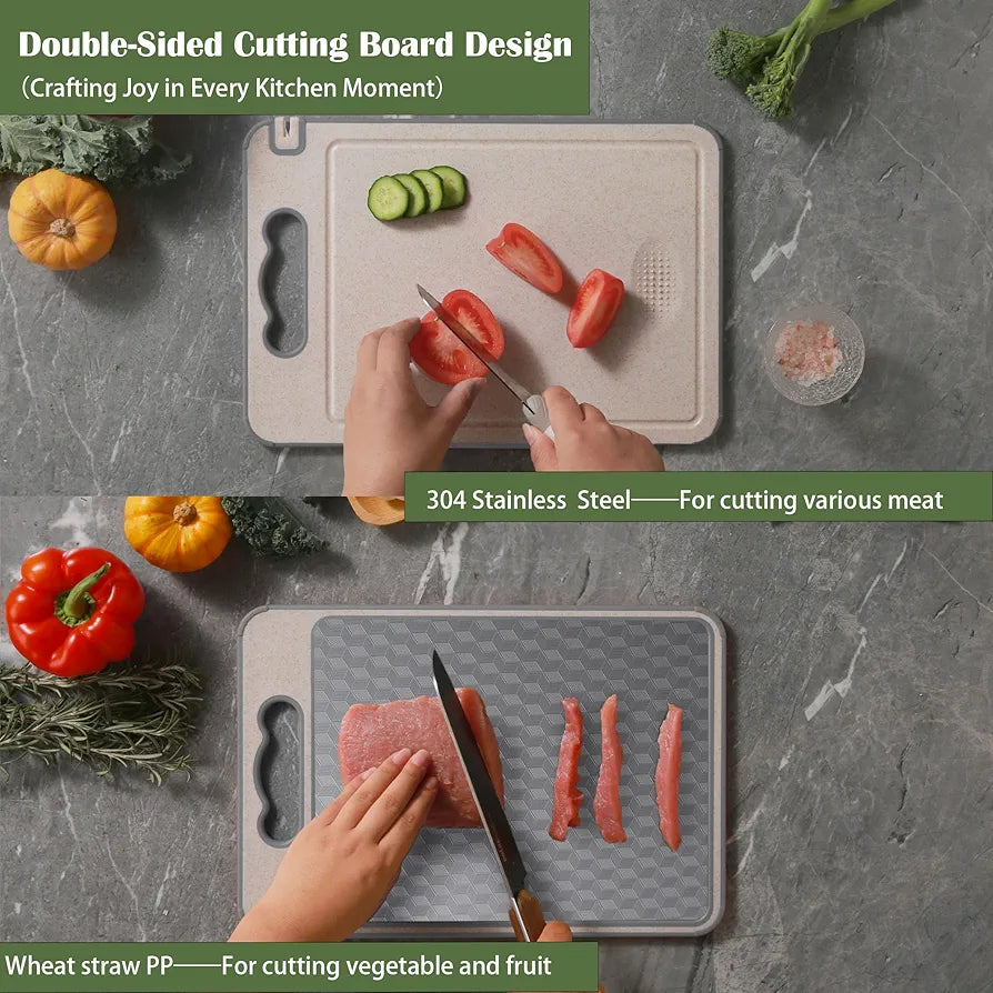 Double Sided Cutting Board for Kitchen, 304 Stainless Steel and Wheat Straw Chopping Board