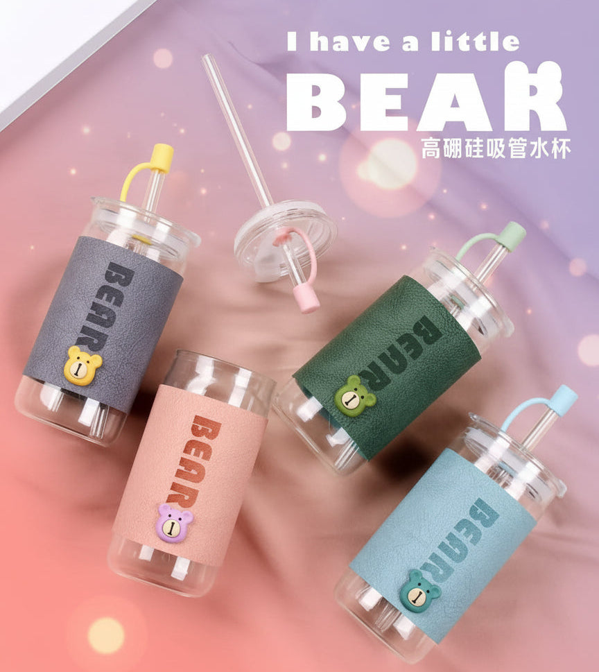 Bear Sleeves Glass Tumbler With Bamboo Lid And Straw 410 ML