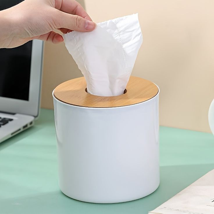 Premium Round Tissue And Napkins Holder With Wooden Lid