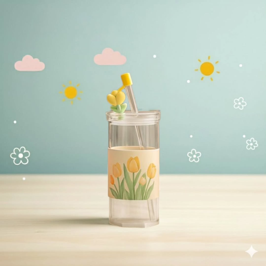 Airtight Glass Water Cup With Straw & Lid 410 ML