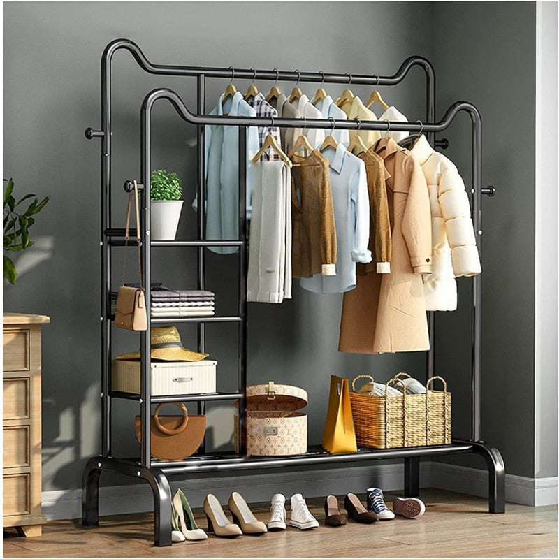 Metal Double Pole Freestanding Clothing Rack With Side and Lower Storage Shelves