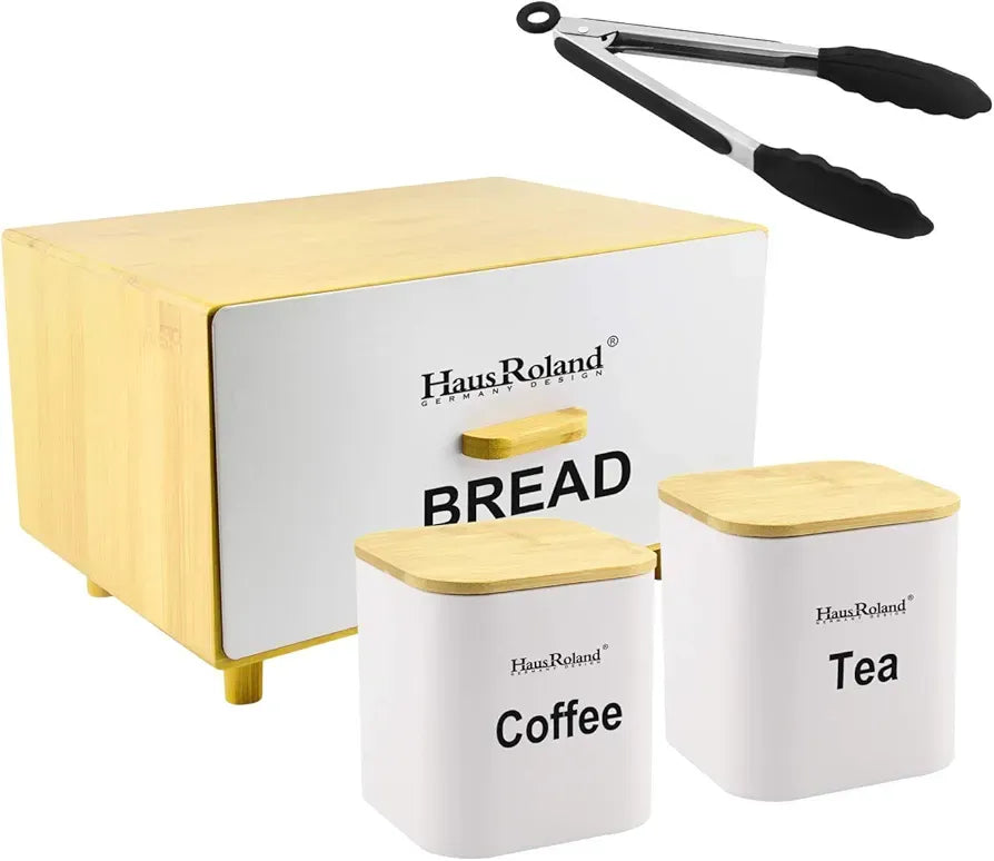 Luxury Matte Black Bread & Canister Set - Tea and Coffee Storage with Bamboo Lids