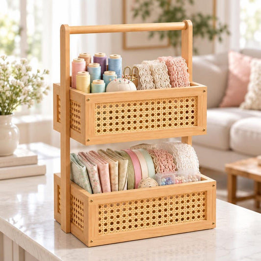 2-Tier Wooden & Woven Cane Makeup/Vanity Organizer With  Top Carry Handle