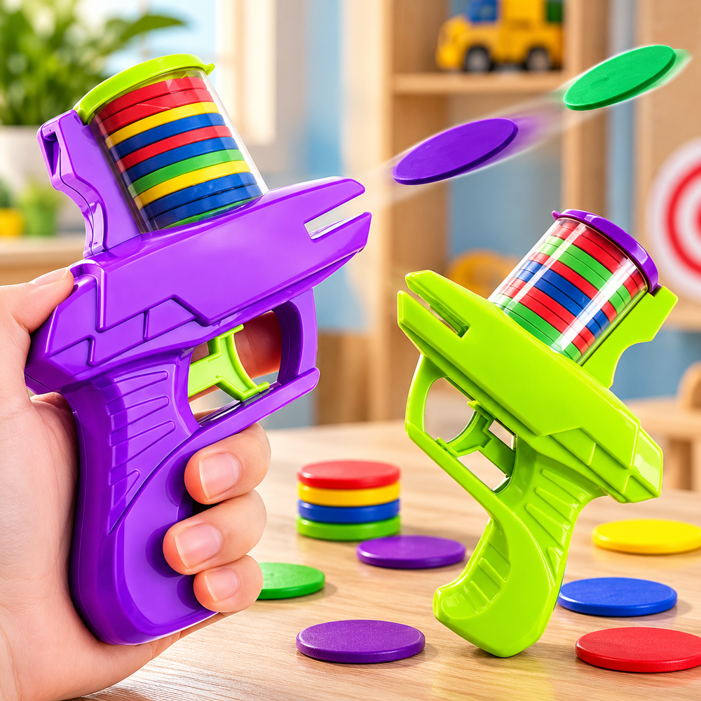 Kids Playing Flying Disk Gun Toy