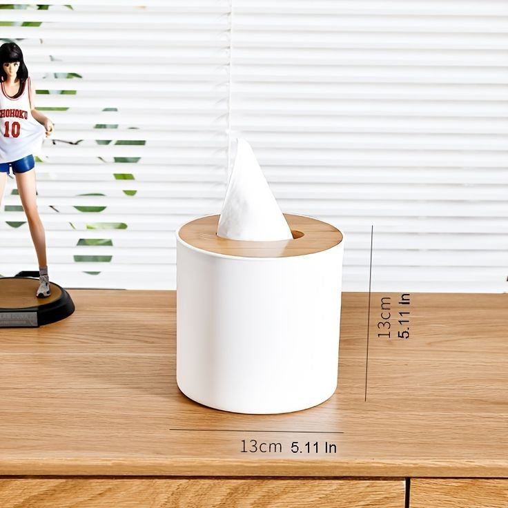 Premium Round Tissue And Napkins Holder With Wooden Lid