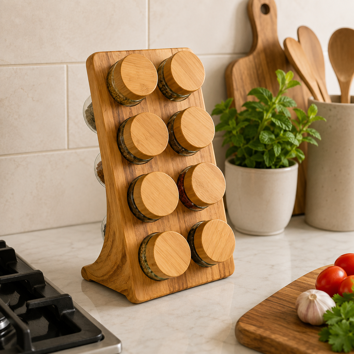 Bamboo 8-Jar Upright Spice Rack Organizer