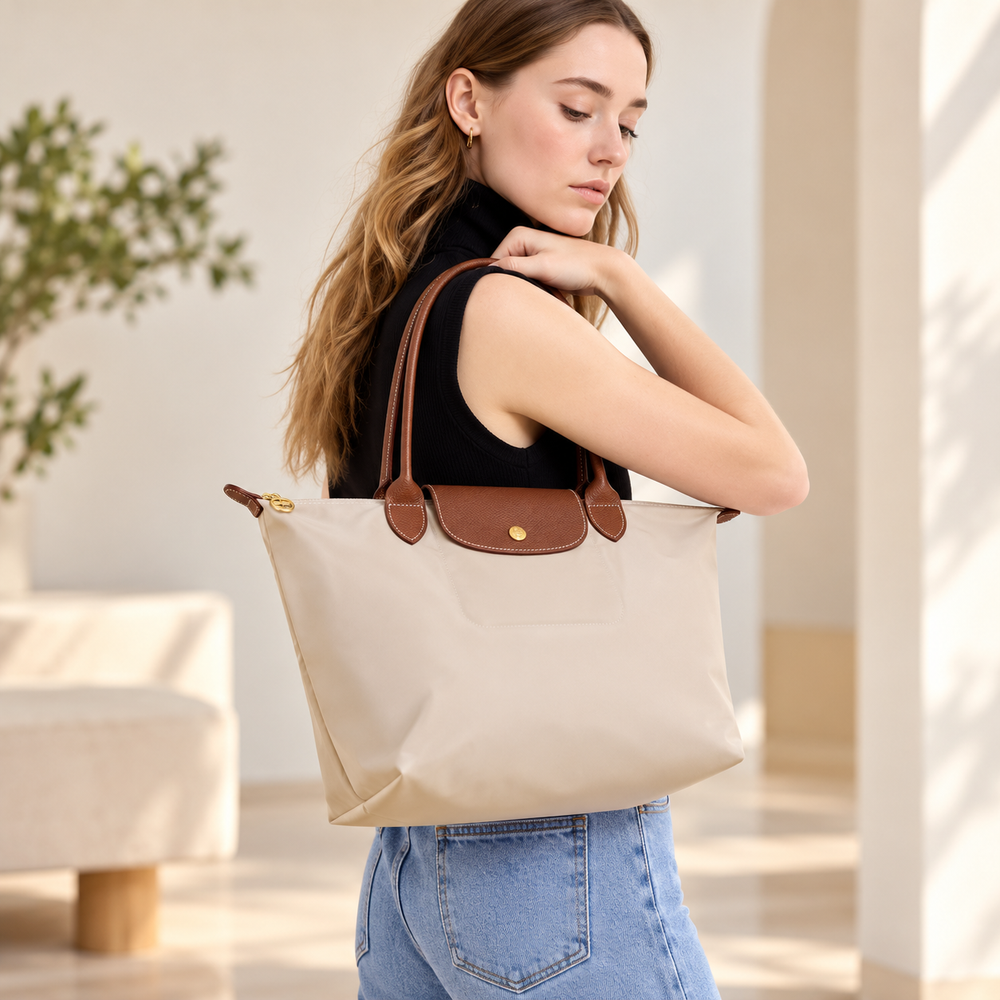 Nylon Tote Bag With Leather Handle, Light Weight Good Quality