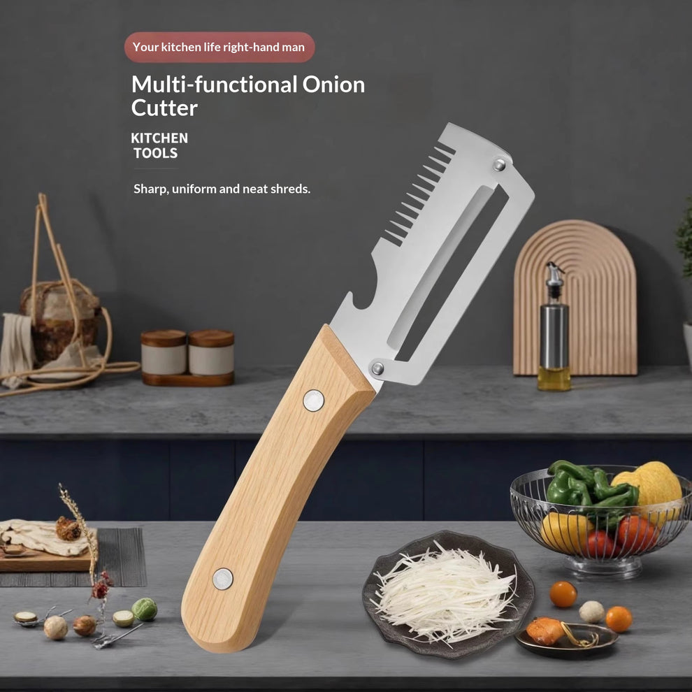 Multi-functional onion cutter with wooden handle on a kitchen counter