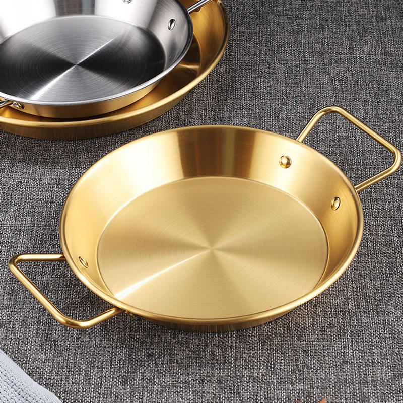 Stainless Steel Golden Serving Tray Round Spanish Seafood Cooking Pan