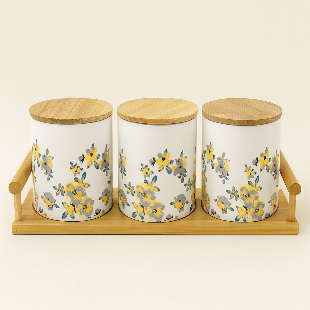 3-Piece Ceramic Jar Set With  Floral Pattern And Bamboo Lids Bamboo Tray