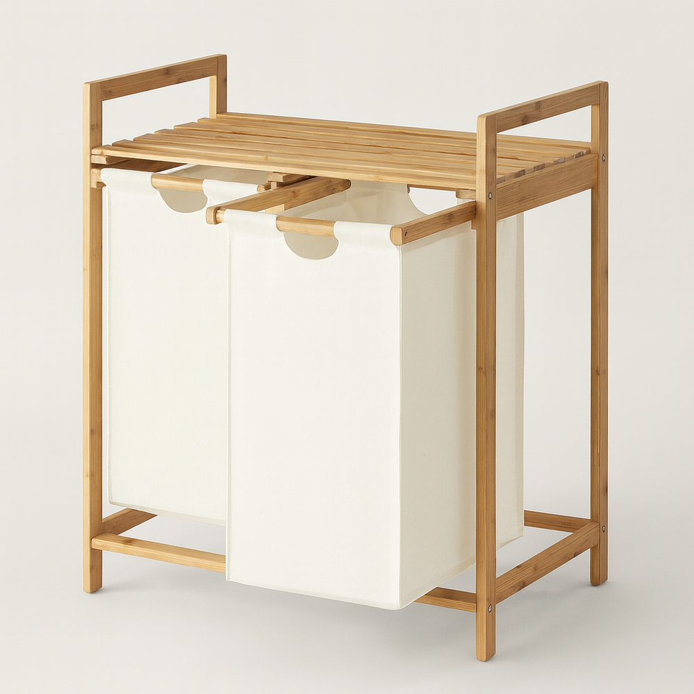 Bamboo laundry Hamper With Storage Shelf And Dual Compartments.