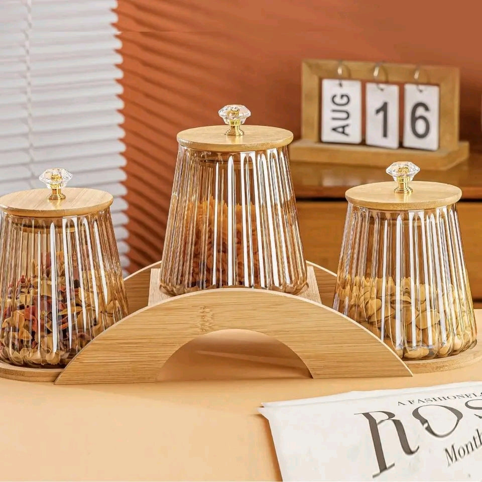 Multipurpose Borosilicate Gourd Storage Jar 3Pcs Set With Wood Stand