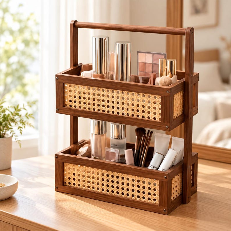 2-Tier Wooden & Woven Cane Makeup/Vanity Organizer With  Top Carry Handle
