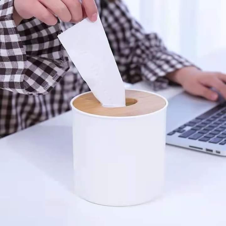 Premium Round Tissue And Napkins Holder With Wooden Lid