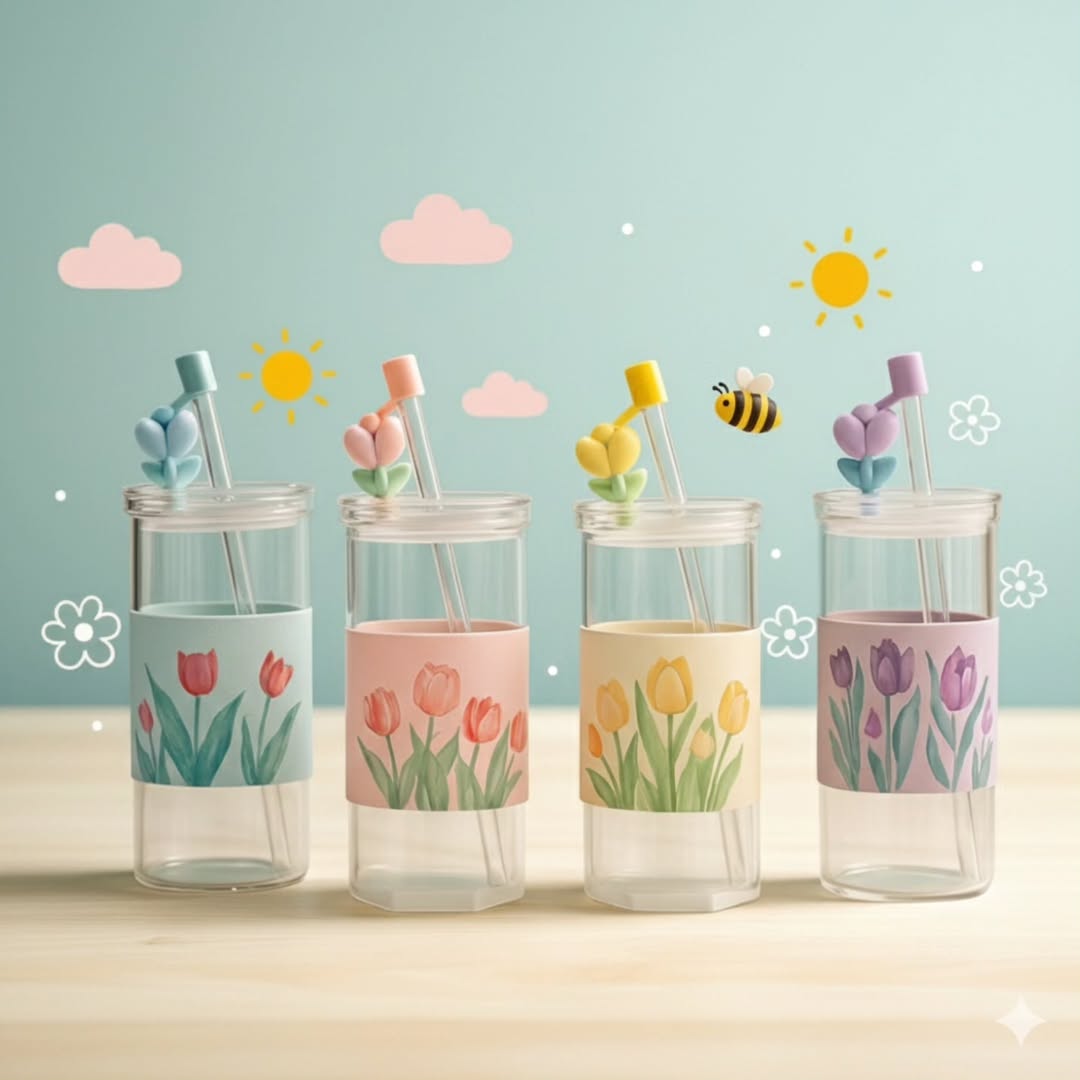 Airtight Glass Water Cup With Straw & Lid 410 ML