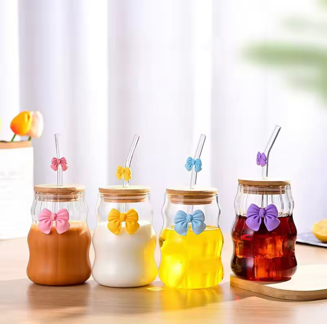Bow Coffee High Borosilicate Glass Cloud Mug Wooden Lid With Straw