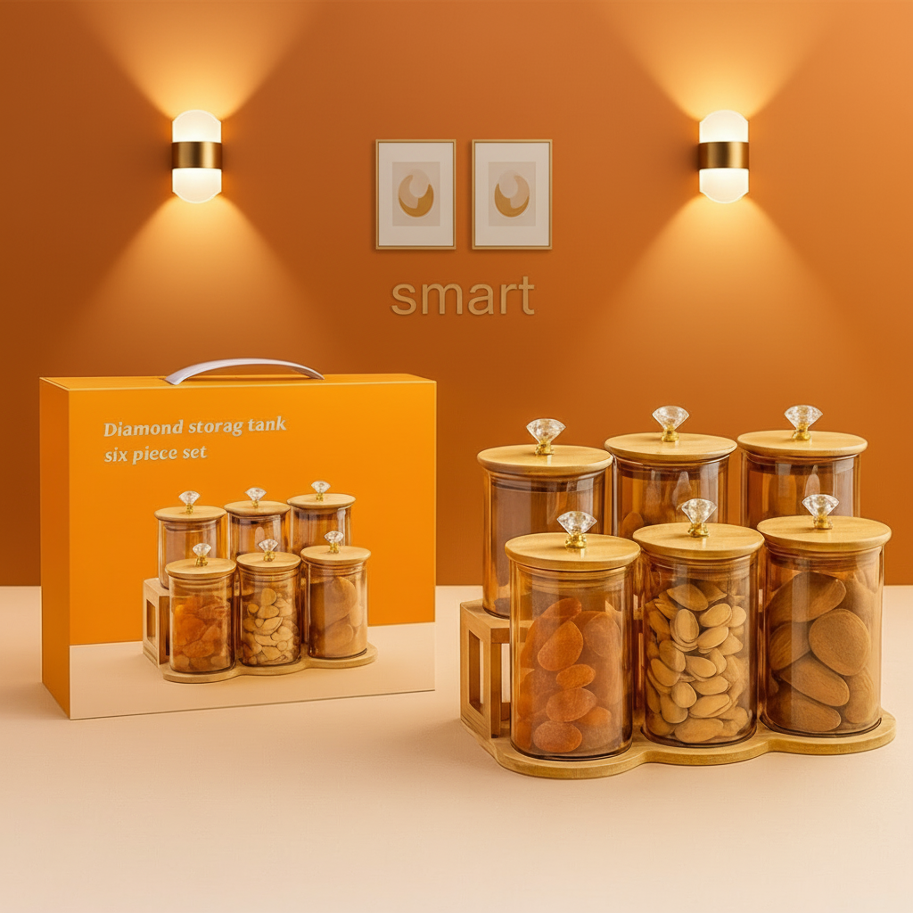Diamond Glass Storage Jars Set Bamboo Lids (6 Pieces Set)