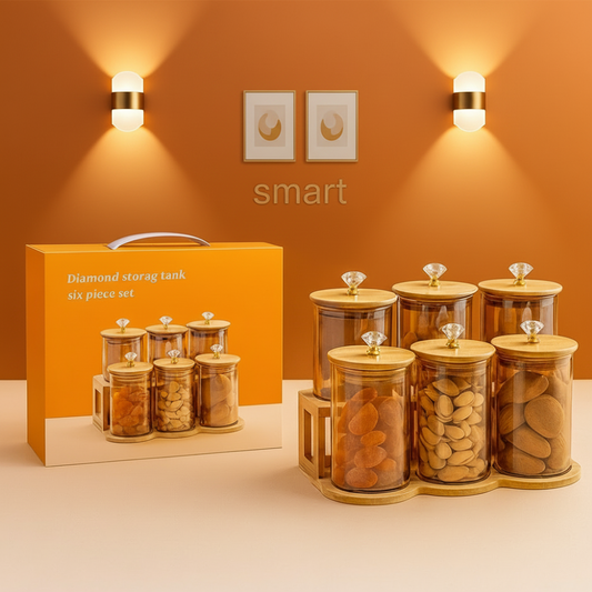 Diamond Glass Storage Jars Set Bamboo Lids (6 Pieces Set)