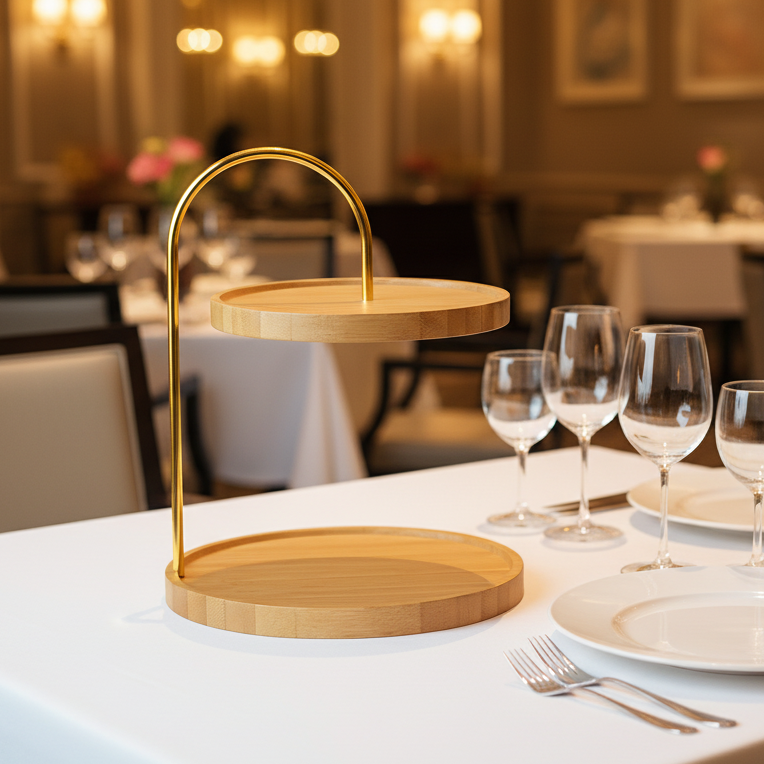 2-Tier Bamboo Serving Stand with Gold Metal Handle