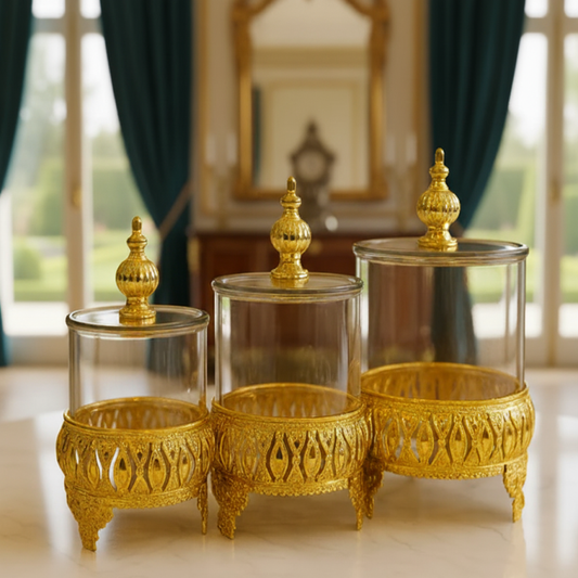 3- Luxurious Gold Pedestal Jars Set Premium Quality
