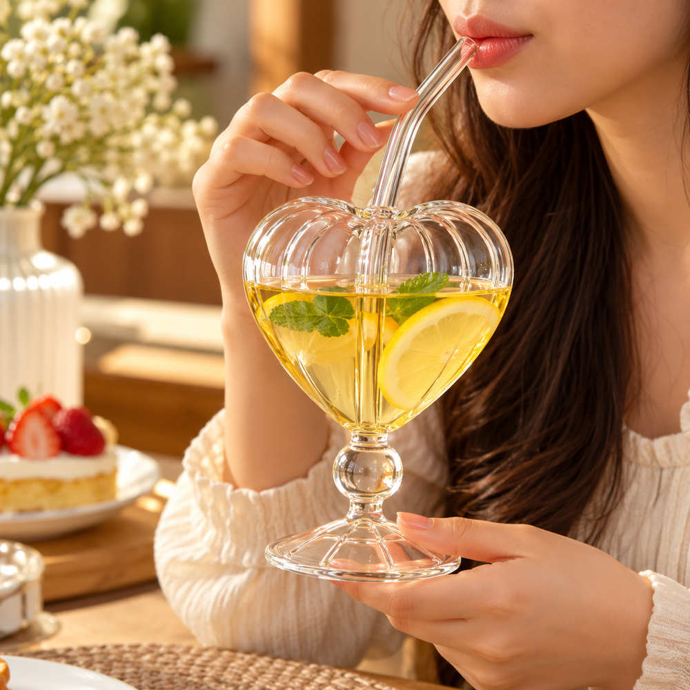 Ribbed Heart Glass Sipper with Bent Straw