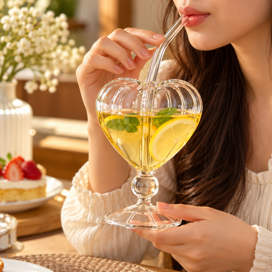 Ribbed Heart Glass Sipper with Bent Straw