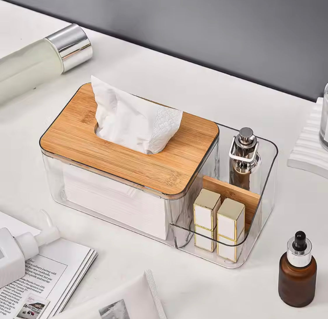 Acrylic Tissue Box With Wooden Cover