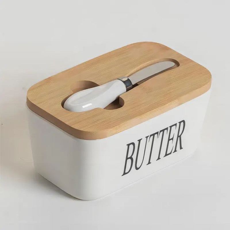 Ceramic Butter Dish With Bamboo Lid & Knife