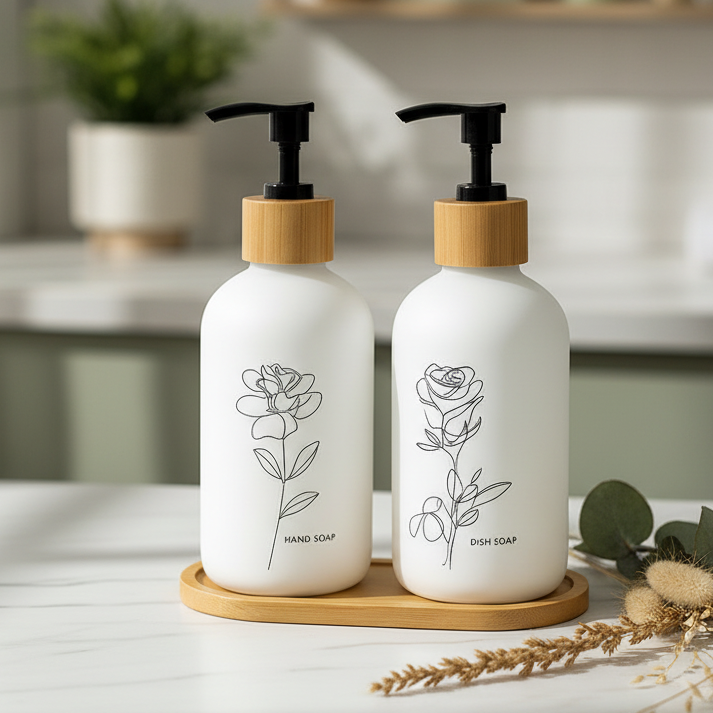 Frosted Glass Soap Dispenser Set Accompanied by Bamboo Tray
