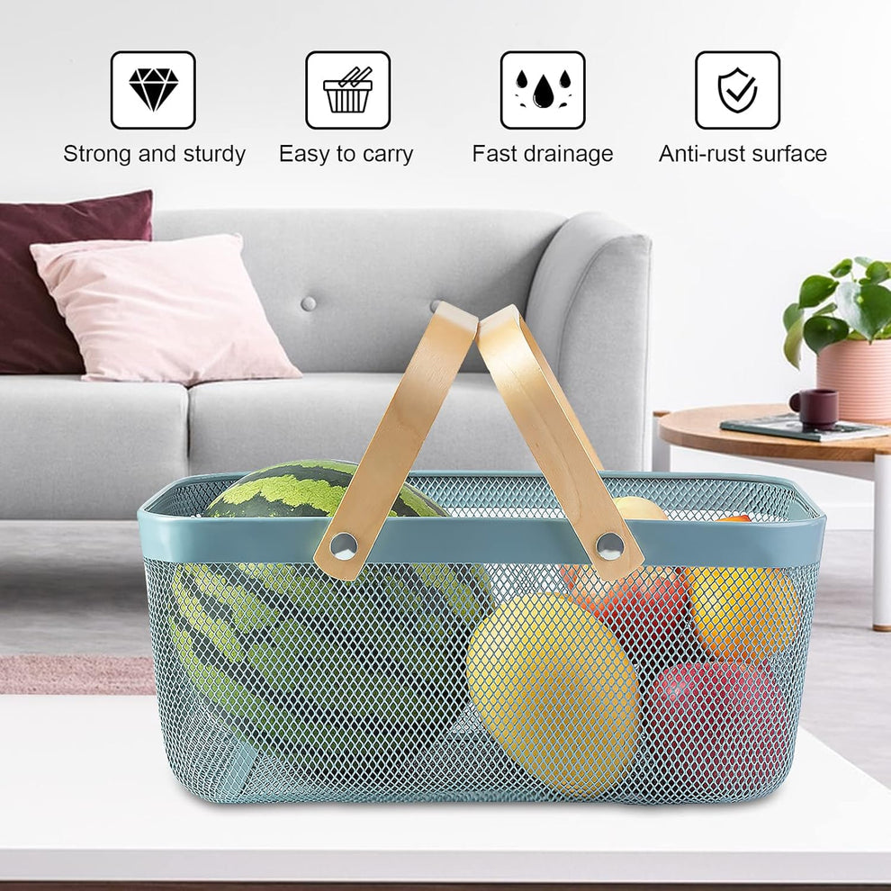 Modern Metal Mesh Fruit And Vegetables Basket With Wooden Handles
