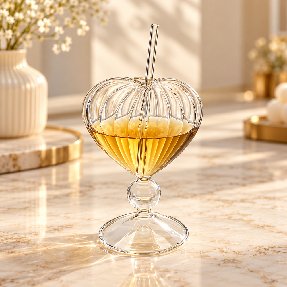 Ribbed Heart Glass Sipper with Bent Straw
