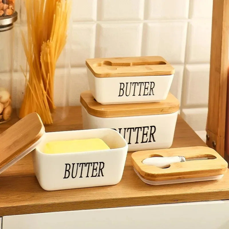 Ceramic Butter Dish With Bamboo Lid & Knife