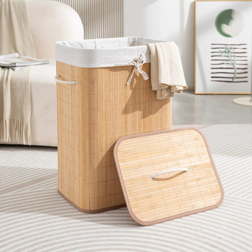 Eco-Friendly Foldable Bamboo Laundry Basket Hamper with Lid
