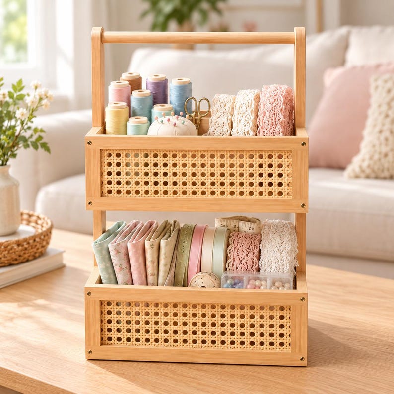 2-Tier Wooden & Woven Cane Makeup/Vanity Organizer With  Top Carry Handle