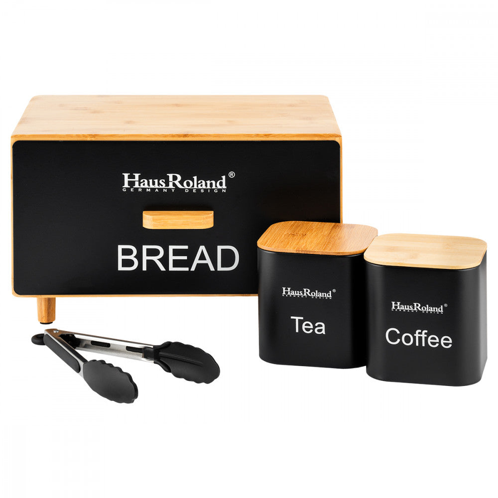 Luxury Matte Black Bread & Canister Set - Tea and Coffee Storage with Bamboo Lids