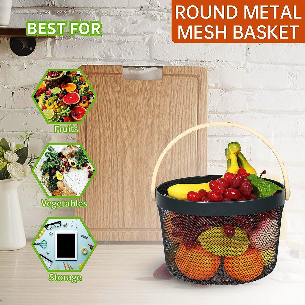 Round Metal Mesh Storage Basket With Wooden Handle