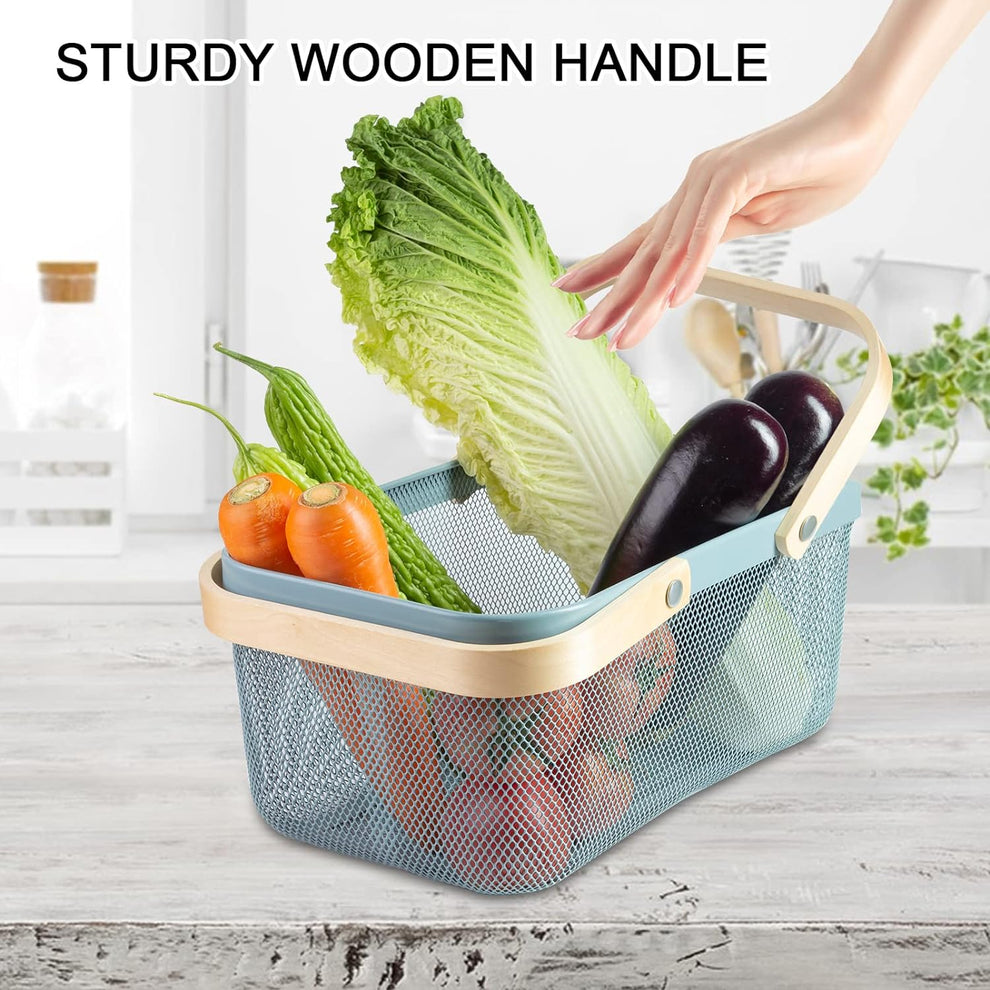 Modern Metal Mesh Fruit And Vegetables Basket With Wooden Handles