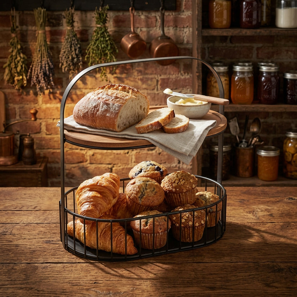 2 Tier Kitchen Storage Basket With Wooden Tray