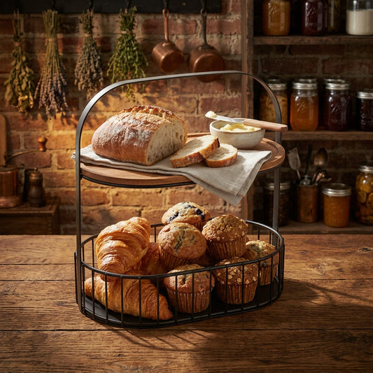 2 Tier Kitchen Storage Basket With Wooden Tray