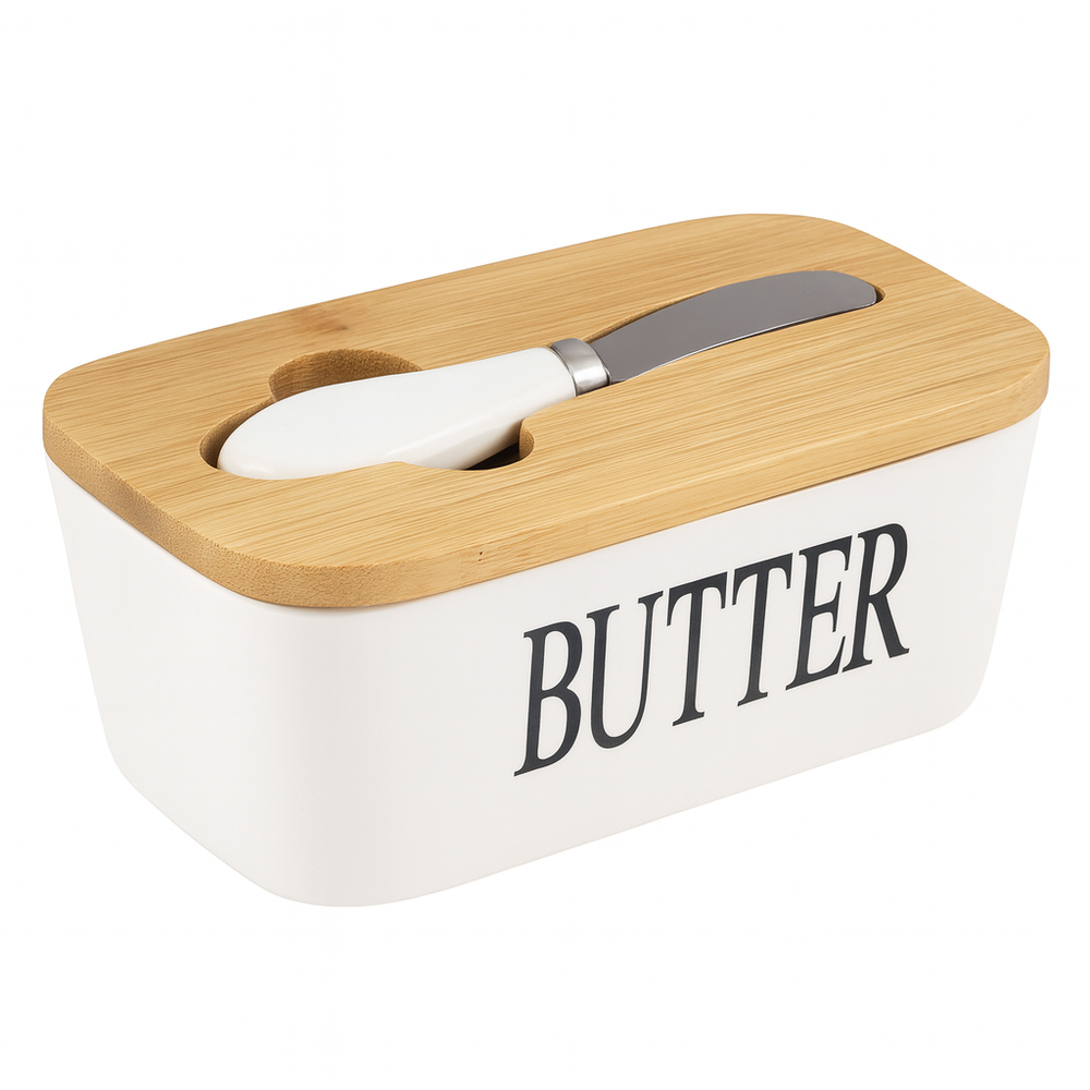 Ceramic Butter Dish With Bamboo Lid & Knife