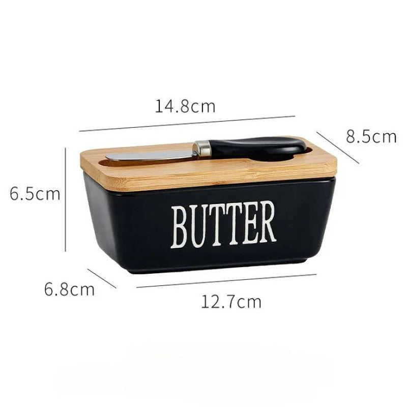 Ceramic Butter Dish With Bamboo Lid & Knife
